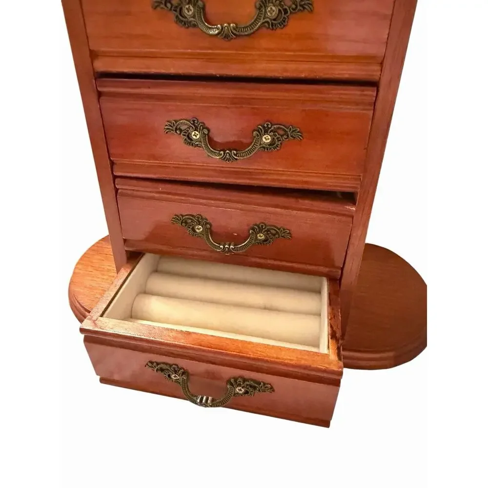 Vintage Wooden Jewelry Box Mirror Ring Necklace Bracelet Earring Organizer 3708C